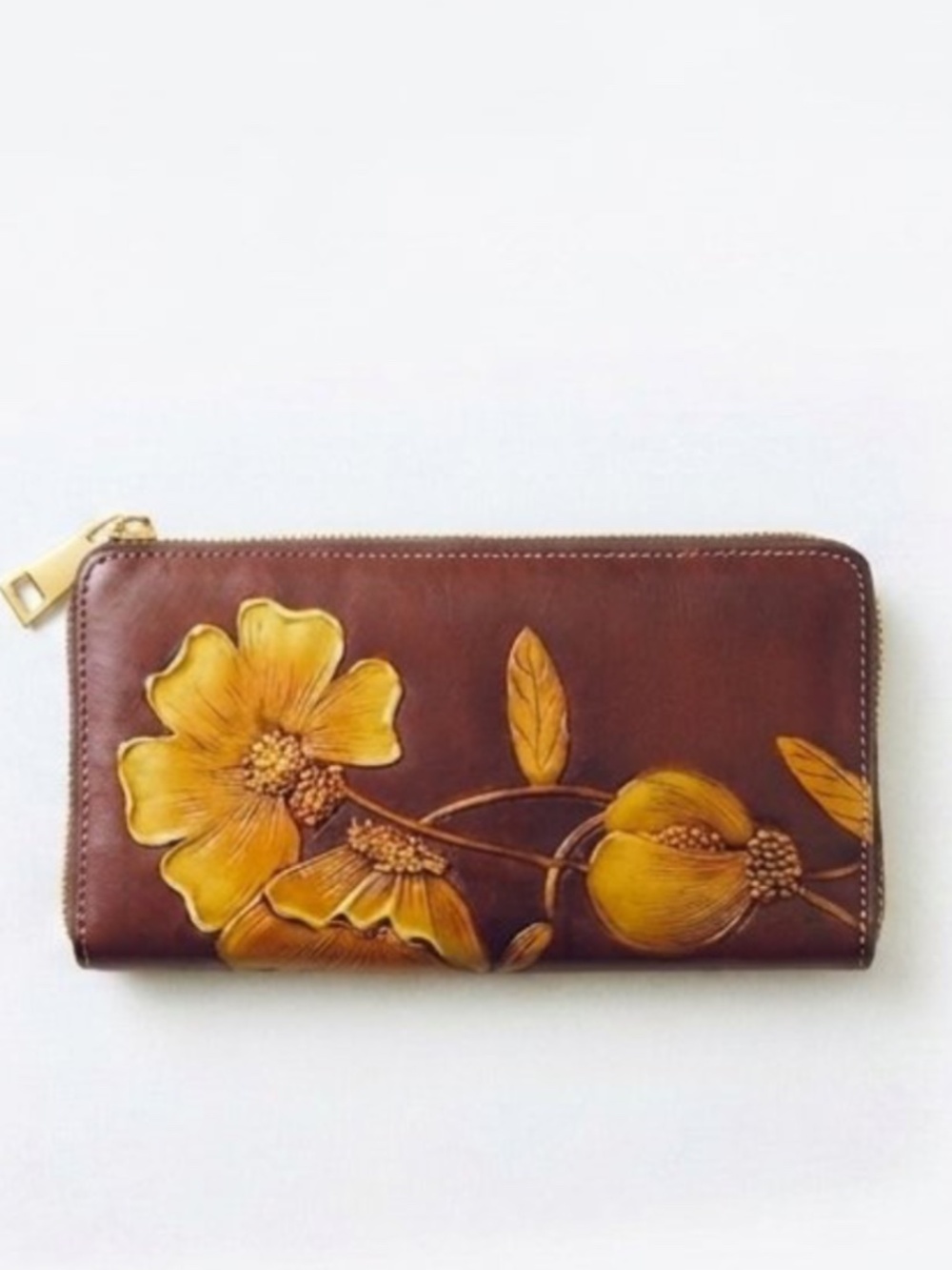 Sharif 1827 Hand-Painted Embossed Leather Floral Zip-Around Wallet - EUC